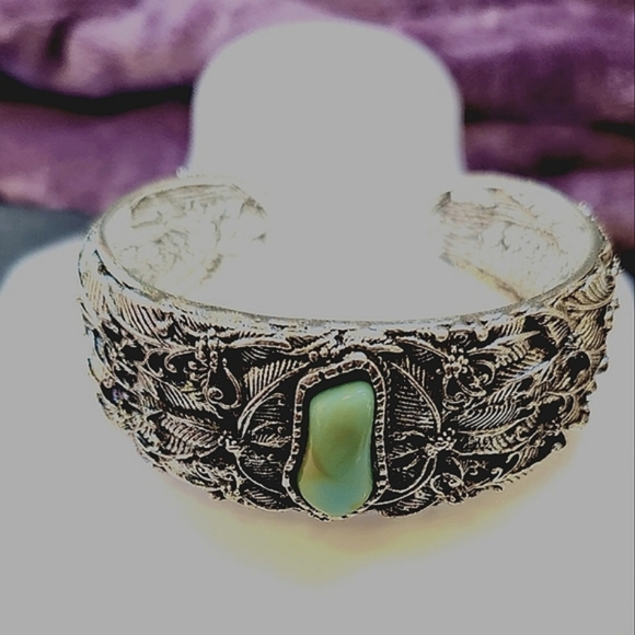 Silver Dragonfly Cuff Faux Turquoise Wide Silver Bracelet - Picture 3 of 5